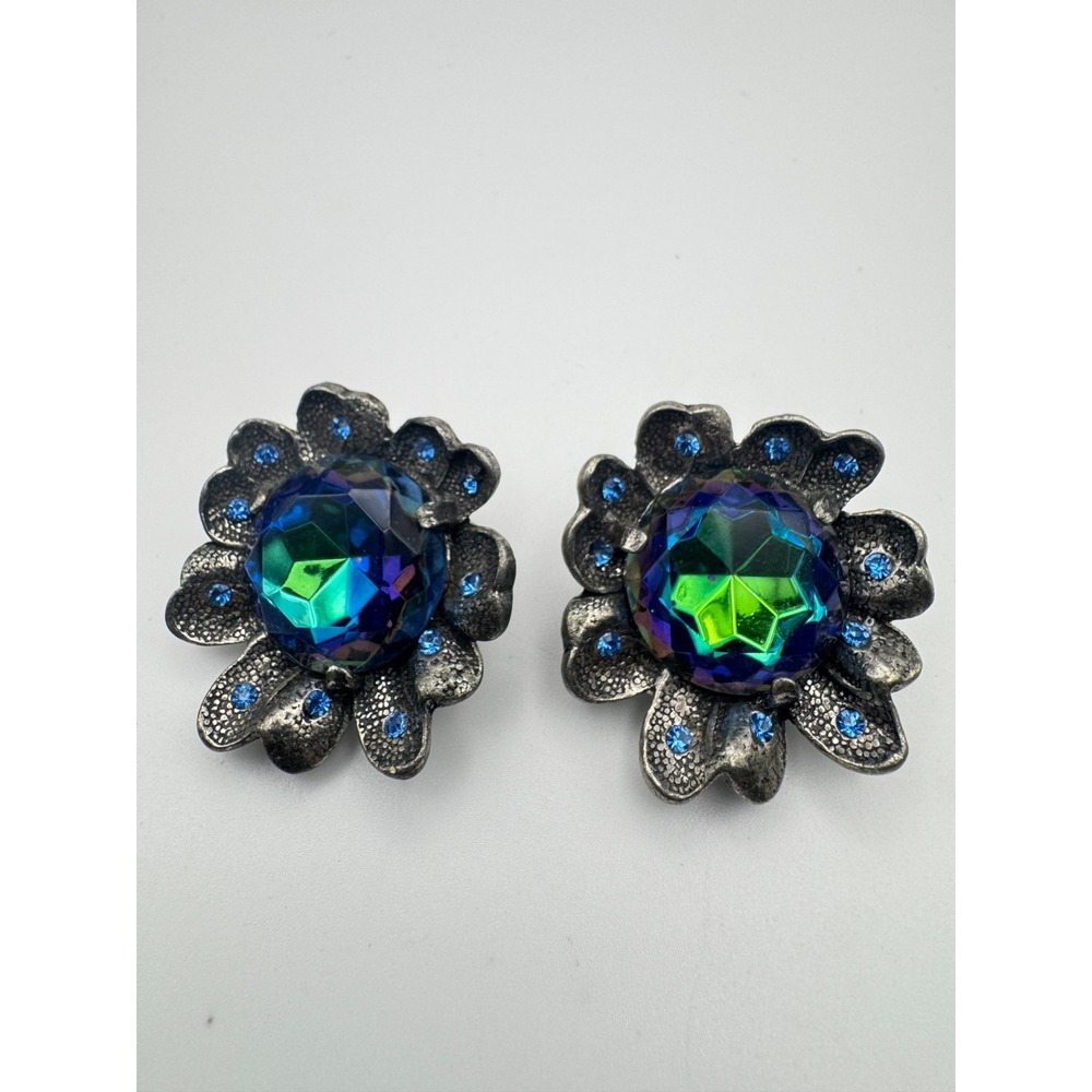 Vintage Judy Lee Earrings Dragon Egg Vitrail Peacock Blue Green Oil Slick